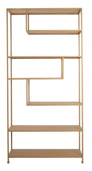 Modernes Standregal aus Holz mit asymmetrischen Regalböden, frontal betrachtet.