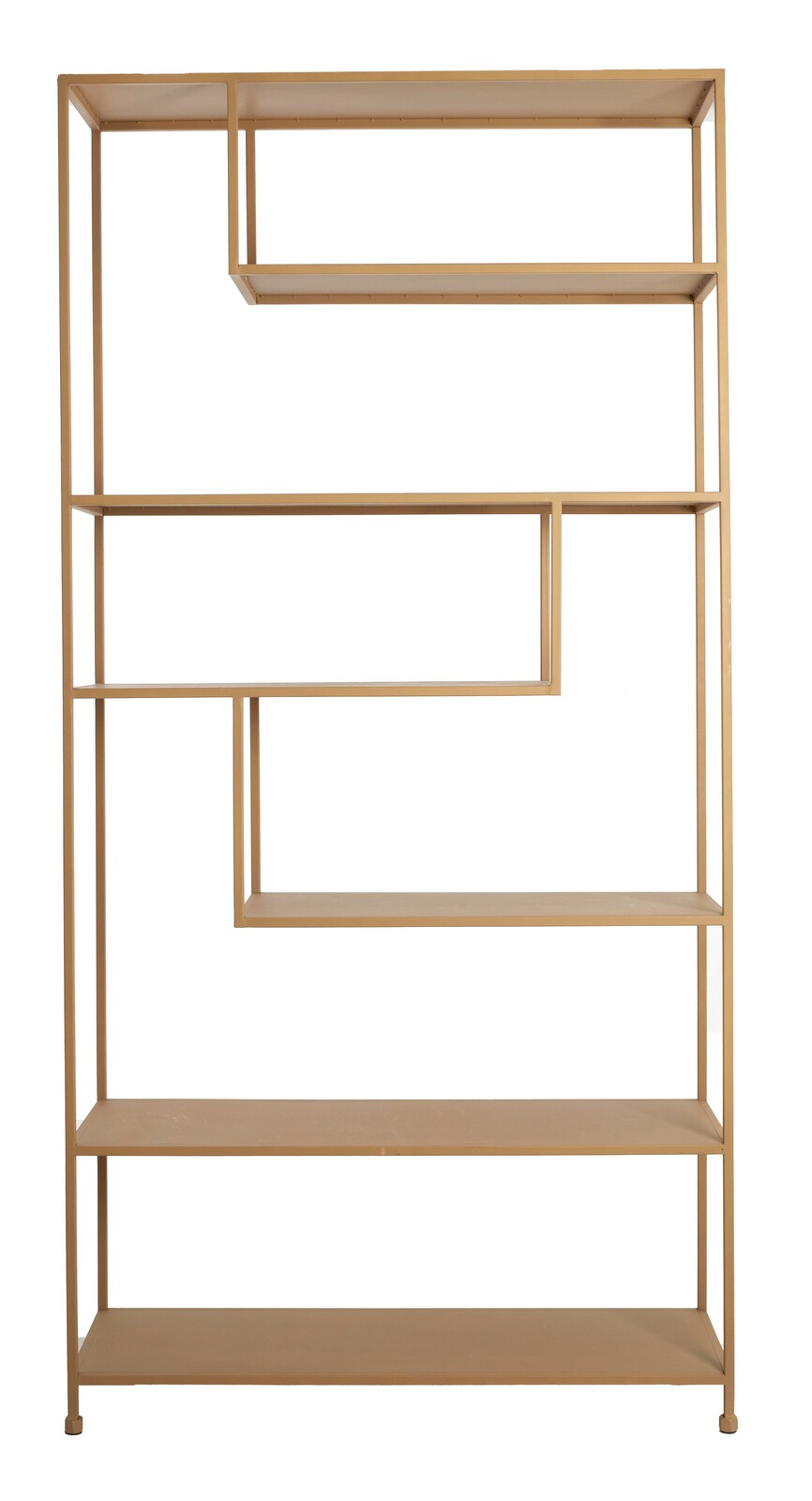 Modernes Standregal aus Holz mit asymmetrischen Regalböden, frontal betrachtet.