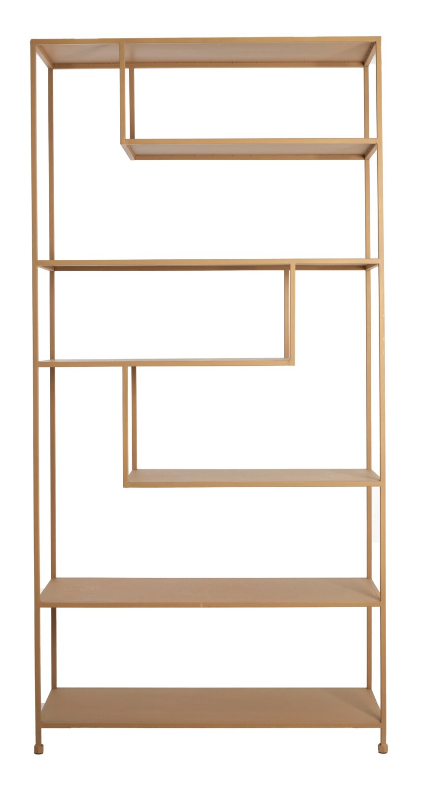 Moderne houten staande kast met asymmetrische planken, gezien vanaf de voorkant.