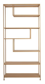 Moderne houten staande kast met asymmetrische planken, gezien vanaf de voorkant.