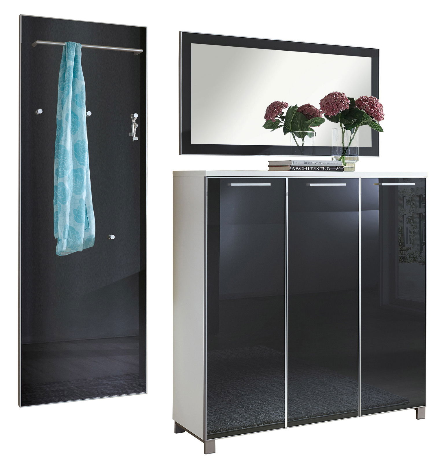 Garderoben-Set 3-tlg. mit Spiegel, Schrank und Wandpaneel, seitliche Perspektive