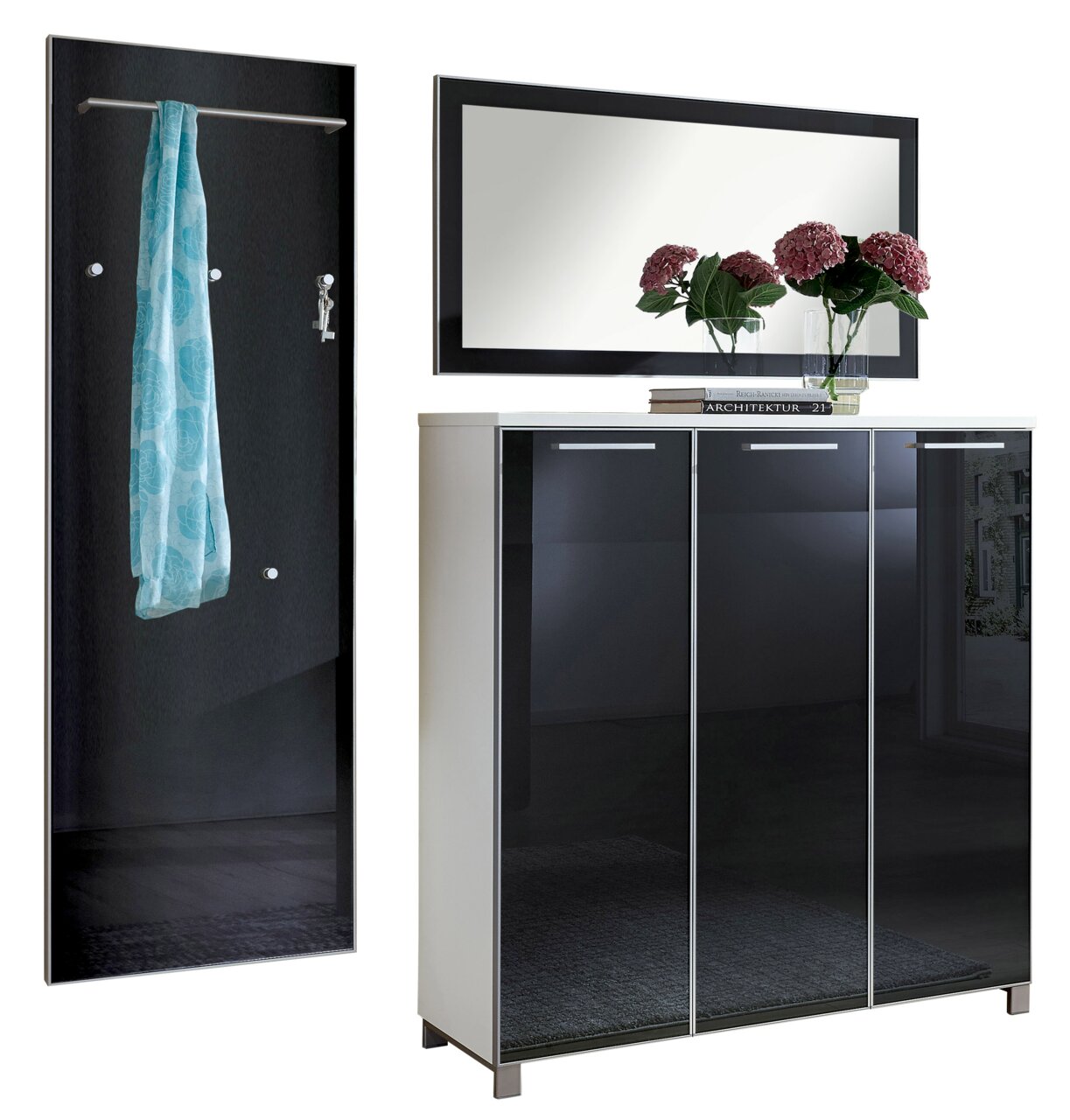 Garderoben-Set 3-tlg. mit Spiegel, Schrank und Wandpaneel, seitliche Perspektive