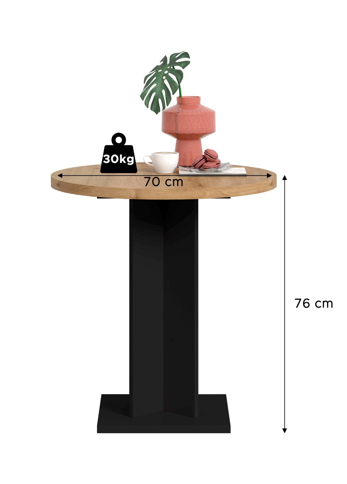 Runder Stehtisch mit Holzplatte (Ø 70 cm) und schwarzem Metallgestell, Höhe 76 cm, Tragkraft 30 kg, frontal in leichter Seitenansicht auf weißem Hintergrund.