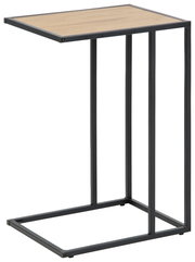 Moderner Beistelltisch mit schwarzem Metallrahmen und heller Holzplatte, seitliche Perspektive