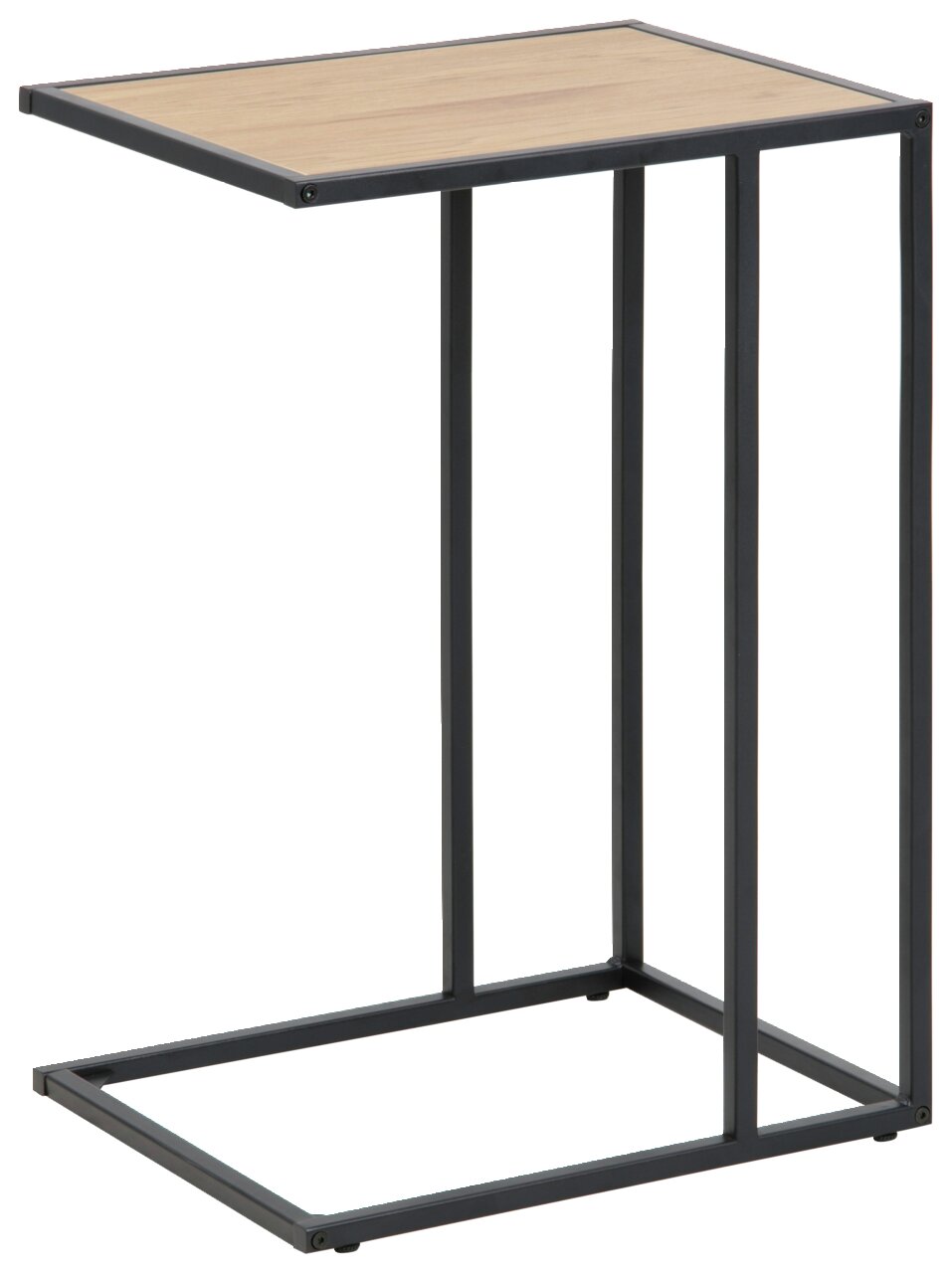 Moderner Beistelltisch mit schwarzem Metallrahmen und heller Holzplatte, seitliche Perspektive