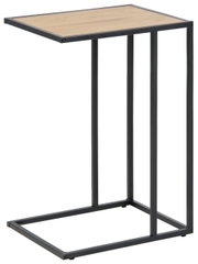 Moderner Beistelltisch mit schwarzem Metallrahmen und heller Holzplatte, seitliche Perspektive