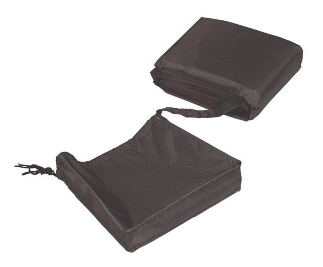 Twee zwarte hoezen voor loungestoelen, één opgevouwen en één opengevouwen, gezien vanuit vogelperspectief.