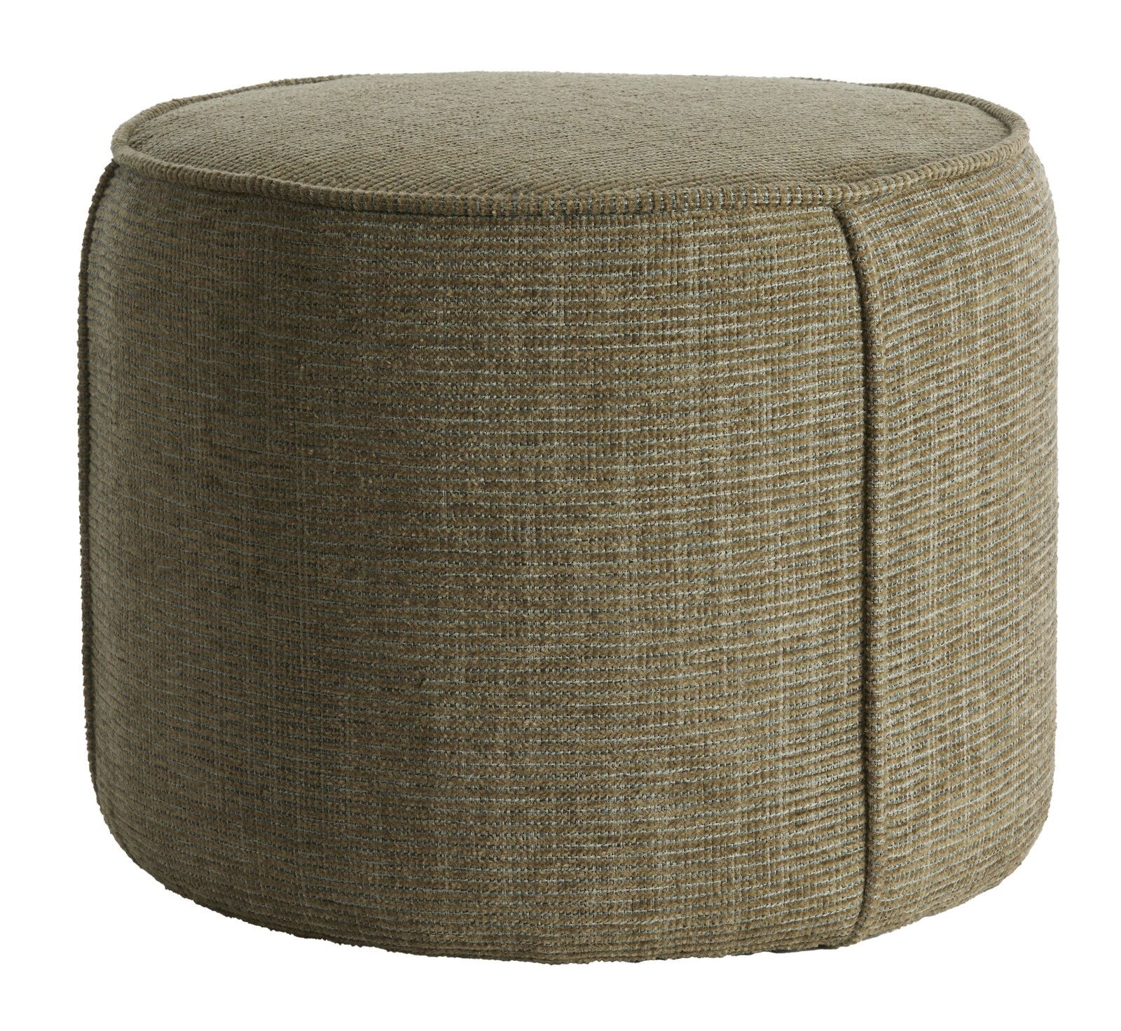Runder, olivgrüner Sitzpuff aus Stoff, seitliche Perspektive