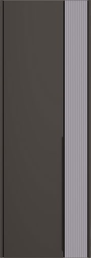 Frontansicht eines modernen Hängegarderobenschranks mit dunkler Tür und geriffeltem Seitenteil.