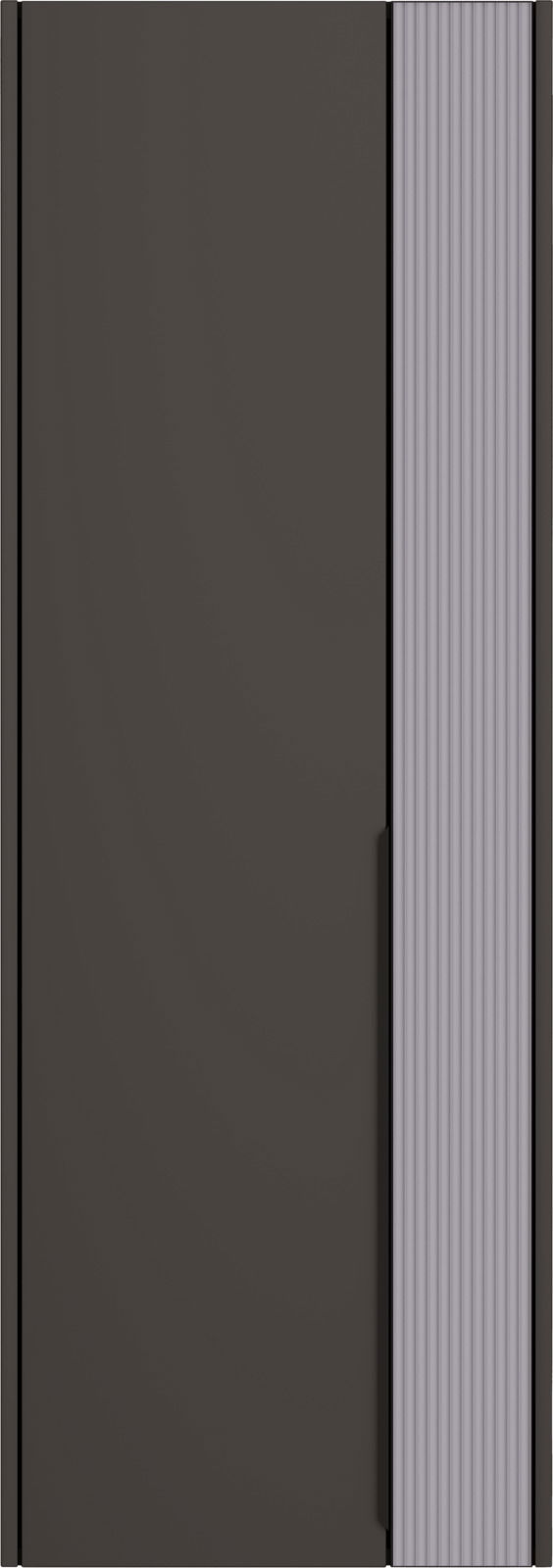 Frontansicht eines modernen Hängegarderobenschranks mit dunkler Tür und geriffeltem Seitenteil.