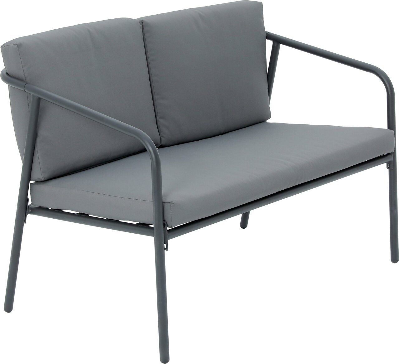 Graue Gartenlounge-Bank mit Metallrahmen, seitliche Perspektive