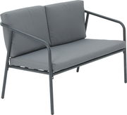 Graue Gartenlounge-Bank mit Metallrahmen, seitliche Perspektive