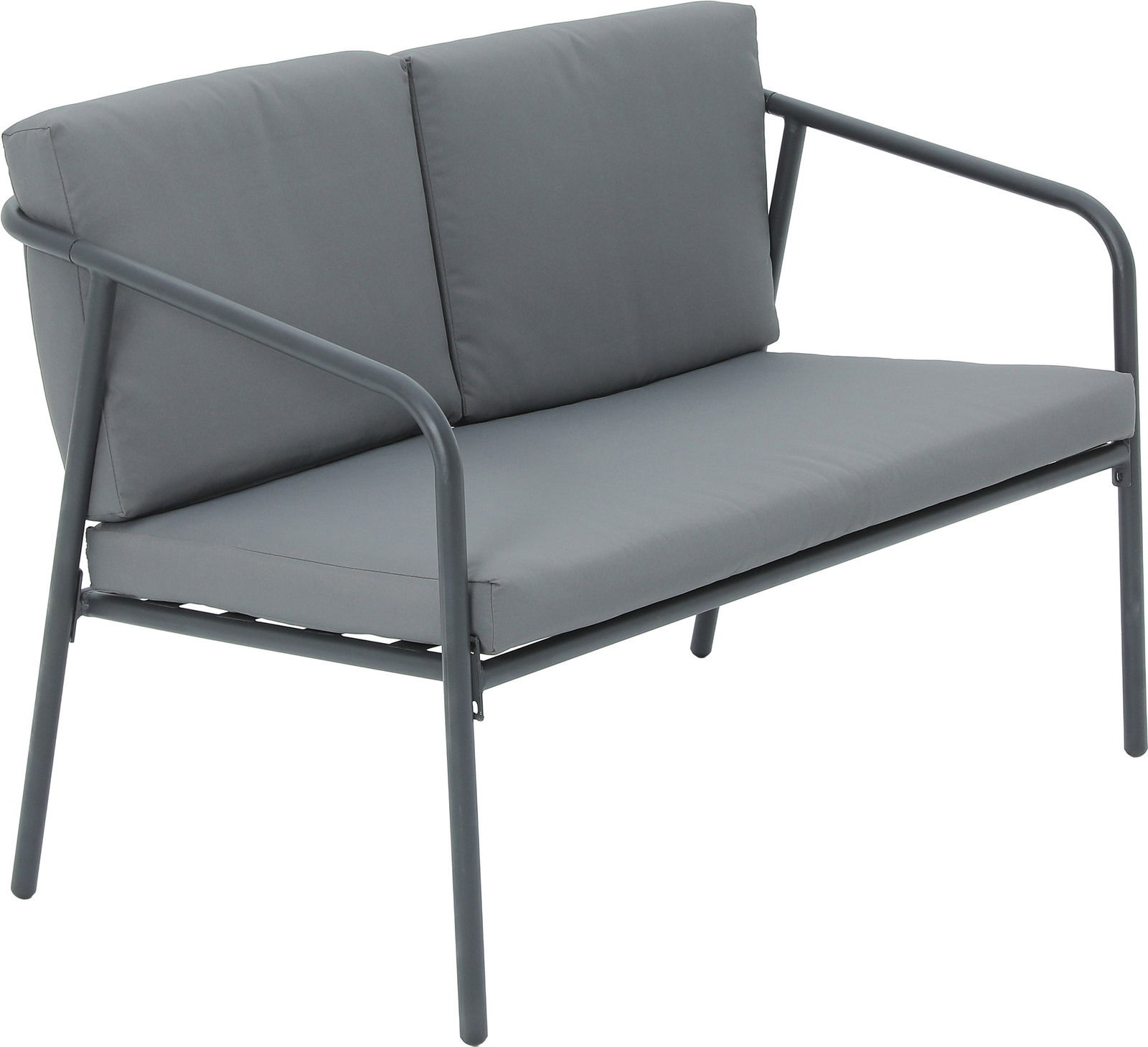 Graue Gartenlounge-Bank mit Metallrahmen, seitliche Perspektive