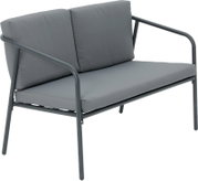 Graue Gartenlounge-Bank mit Metallrahmen, seitliche Perspektive