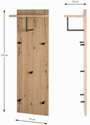 Wandgarderobe aus Holz mit fünf schwarzen Haken und einem oberen Regalbrett, Vorder- und Seitenansicht