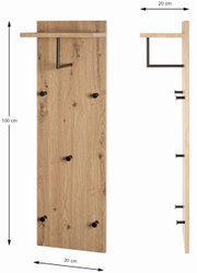Wandgarderobe aus Holz mit fünf schwarzen Haken und einem oberen Regalbrett, Vorder- und Seitenansicht