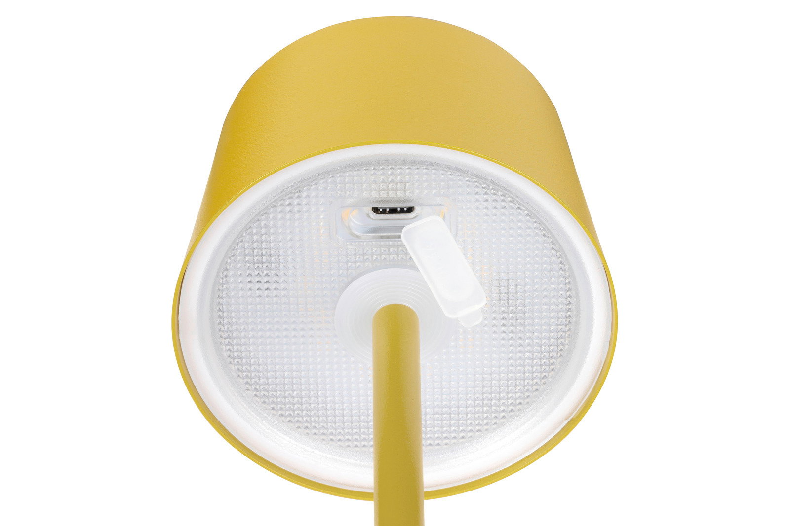 Novel Akku-Tischleuchte Unteransicht einer gelben Akku-Tischleuchte mit USB-Anschluss.