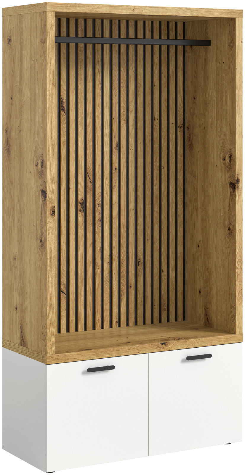 Kompaktgarderobe aus Holz mit schwarzer Kleiderstange und weißen Schranktüren, Frontansicht