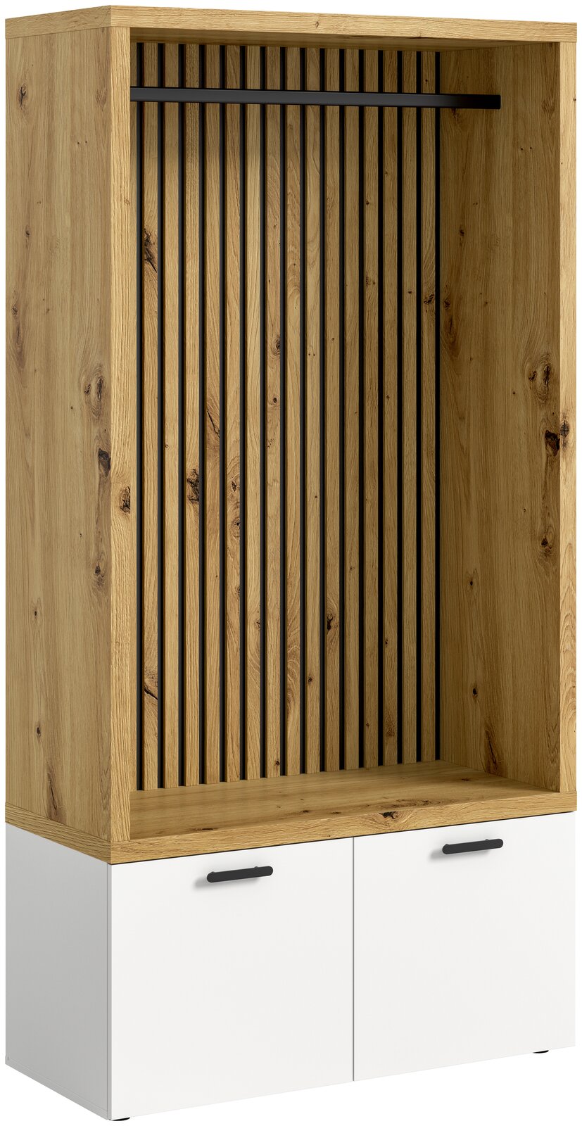 XORA Kompaktgarderobe HAMBURG Kompaktgarderobe aus Holz mit schwarzer Kleiderstange und weißen Schranktüren, Frontansicht