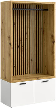 Kompaktgarderobe aus Holz mit schwarzer Kleiderstange und weißen Schranktüren, Frontansicht