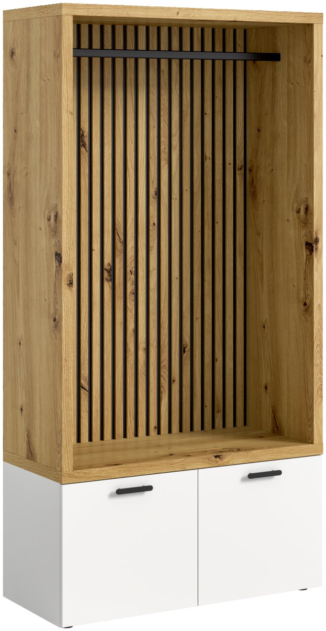 XORA Kompaktgarderobe HAMBURG Kompaktgarderobe aus Holz mit schwarzer Kleiderstange und weißen Schranktüren, Frontansicht