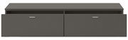 Frontansicht eines grauen TV-Lowboards mit zwei Schubladen und silbernen Griffen.