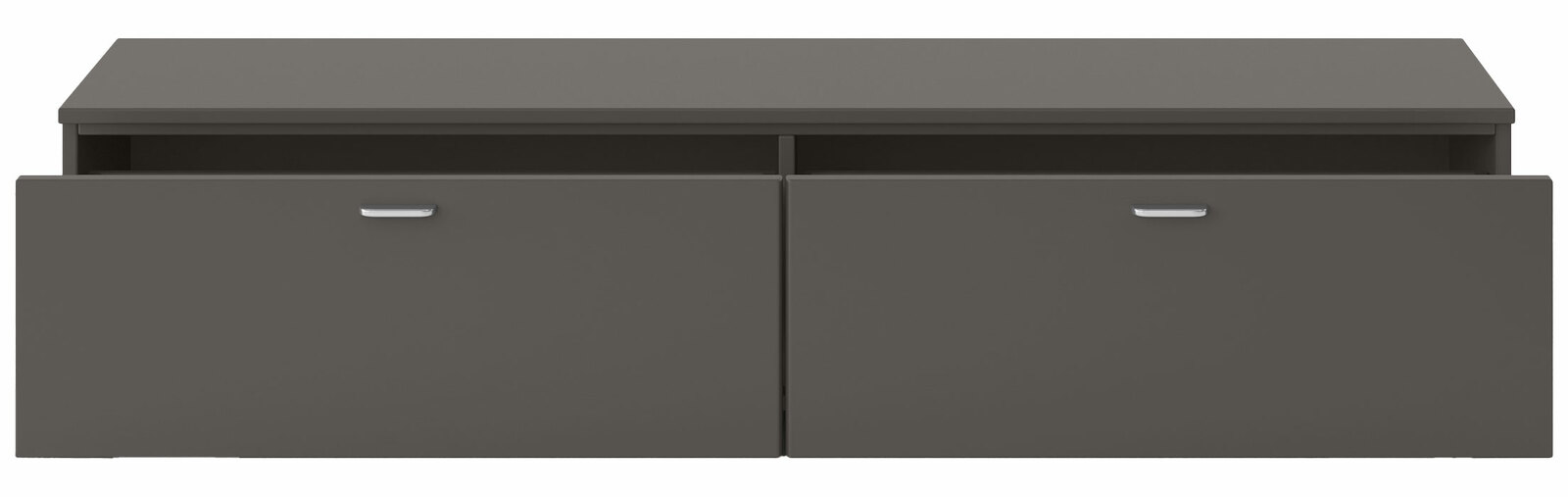 Frontansicht eines grauen TV-Lowboards mit zwei Schubladen und silbernen Griffen.