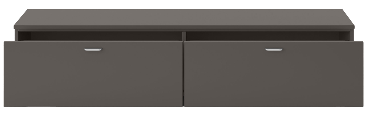 Frontansicht eines grauen TV-Lowboards mit zwei Schubladen und silbernen Griffen.