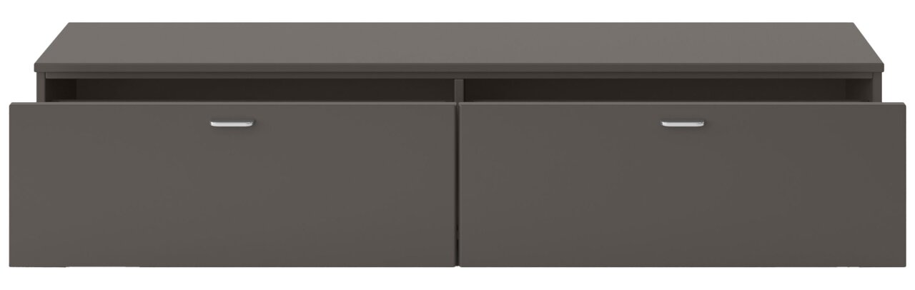 Frontansicht eines grauen TV-Lowboards mit zwei Schubladen und silbernen Griffen.