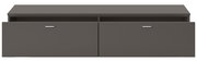 Frontansicht eines grauen TV-Lowboards mit zwei Schubladen und silbernen Griffen.