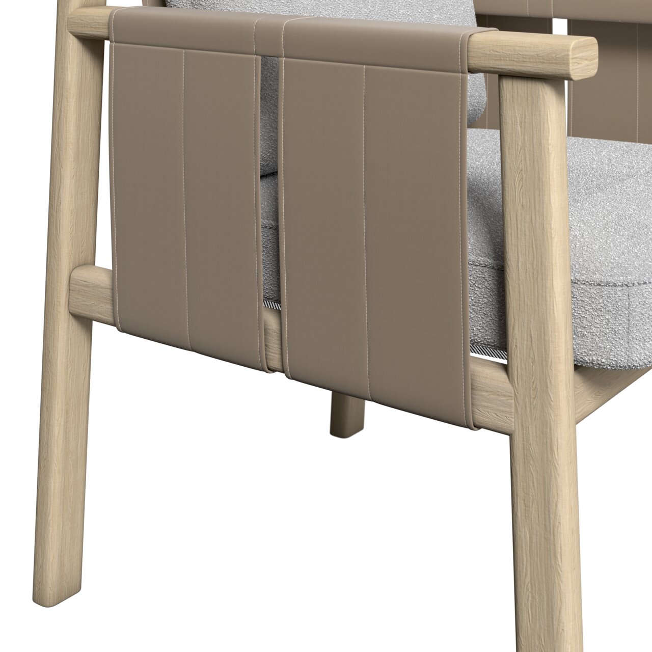 Achterkant van een fauteuil met lichtbruine lederen bekleding en een lichtgekleurd houten frame.