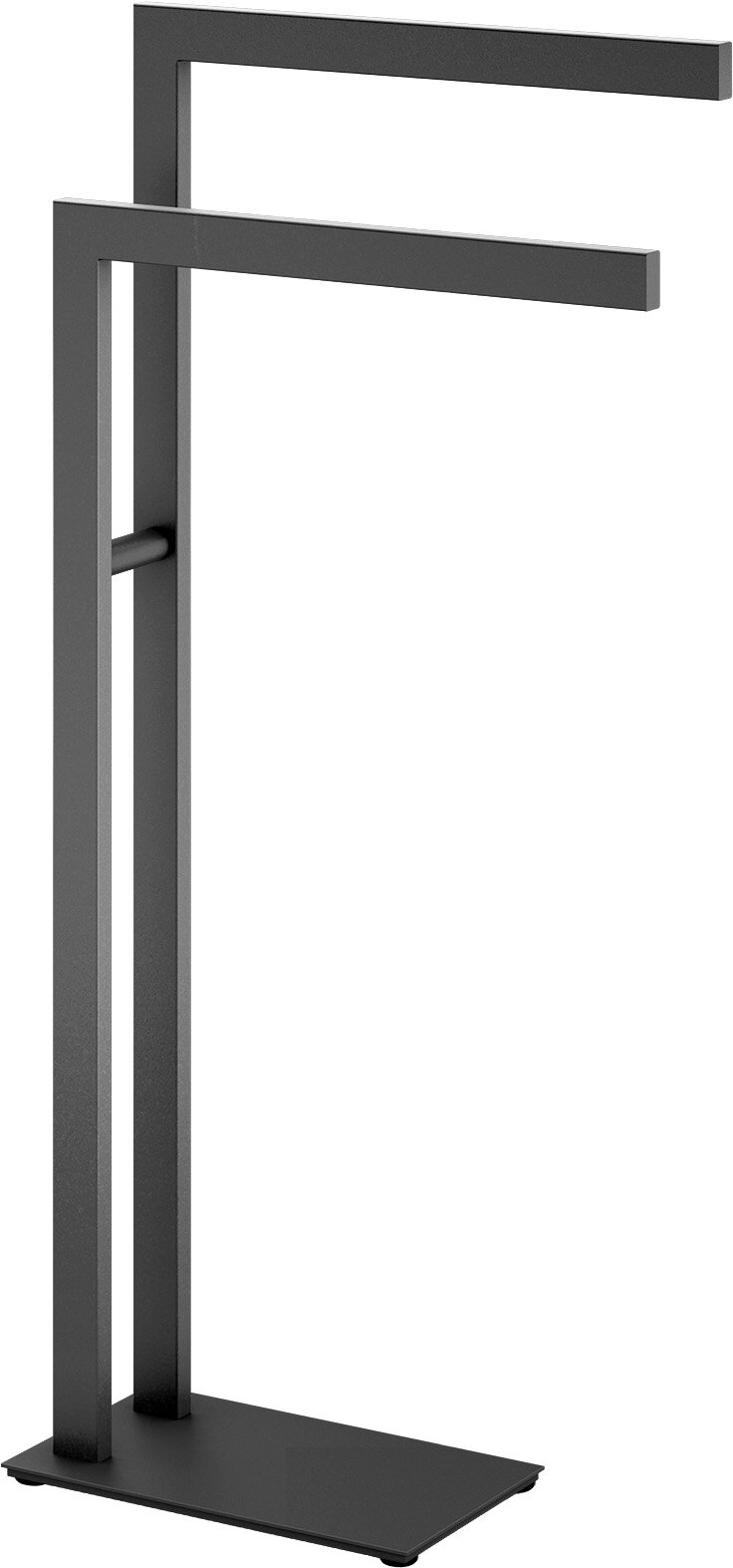 ZACK Handtuchständer LINEA Freistehender, mattschwarzer Handtuchhalter mit zwei parallelen Stangen und rechteckigem Standfuß, Ansicht schräg von vorne