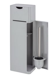 Graue 6-in-1 Stand WC-Garnitur Imon mit geöffneter Tür, die eine Toilettenbürste zeigt, seitliche Perspektive