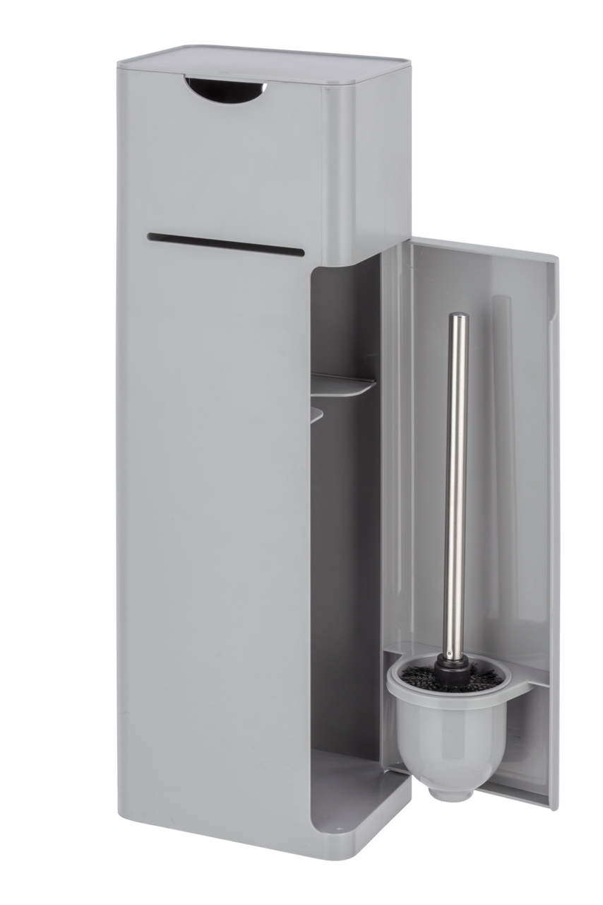 Graue 6-in-1 Stand WC-Garnitur Imon mit geöffneter Tür, die eine Toilettenbürste zeigt, seitliche Perspektive