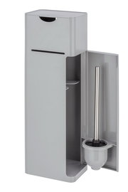 Graue 6-in-1 Stand WC-Garnitur Imon mit geöffneter Tür, die eine Toilettenbürste zeigt, seitliche Perspektive