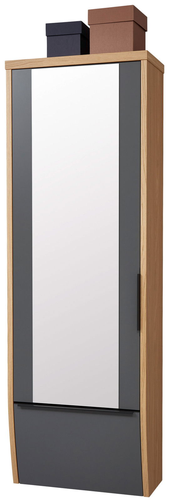Hänge-Spiegelgarderobenschrank in Holzoptik mit grauen Akzenten, frontal abgebildet, mit zwei Aufbewahrungsboxen oben.