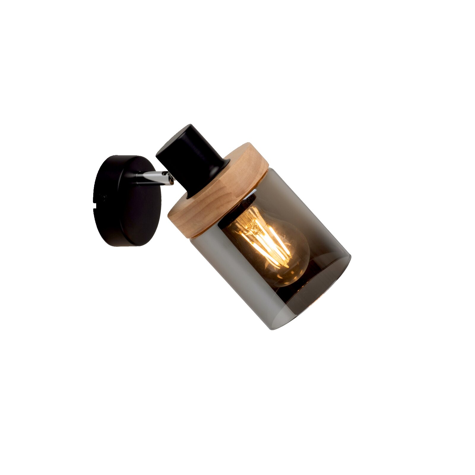 Moderne Wandlampe in Schwarz mit Holzdetail und rauchgrauem Glaszylinder, leuchtendes Filament-Leuchtmittel sichtbar, seitliche Ansicht in leicht schräger Perspektive an grauer Wand