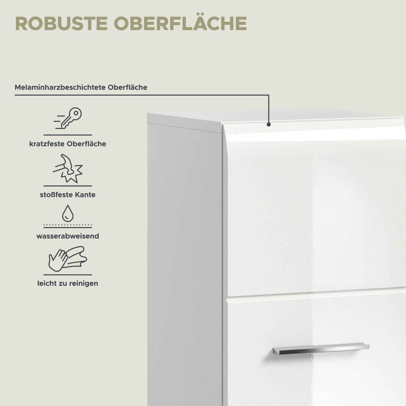 Detailansicht aus schräger Vorderansicht: weißes Möbel mit melaminharzbeschichteter, robuster Oberfläche; kratzfest, stoßfeste Kante, wasserabweisend und leicht zu reinigen, mit silbernem Griff.