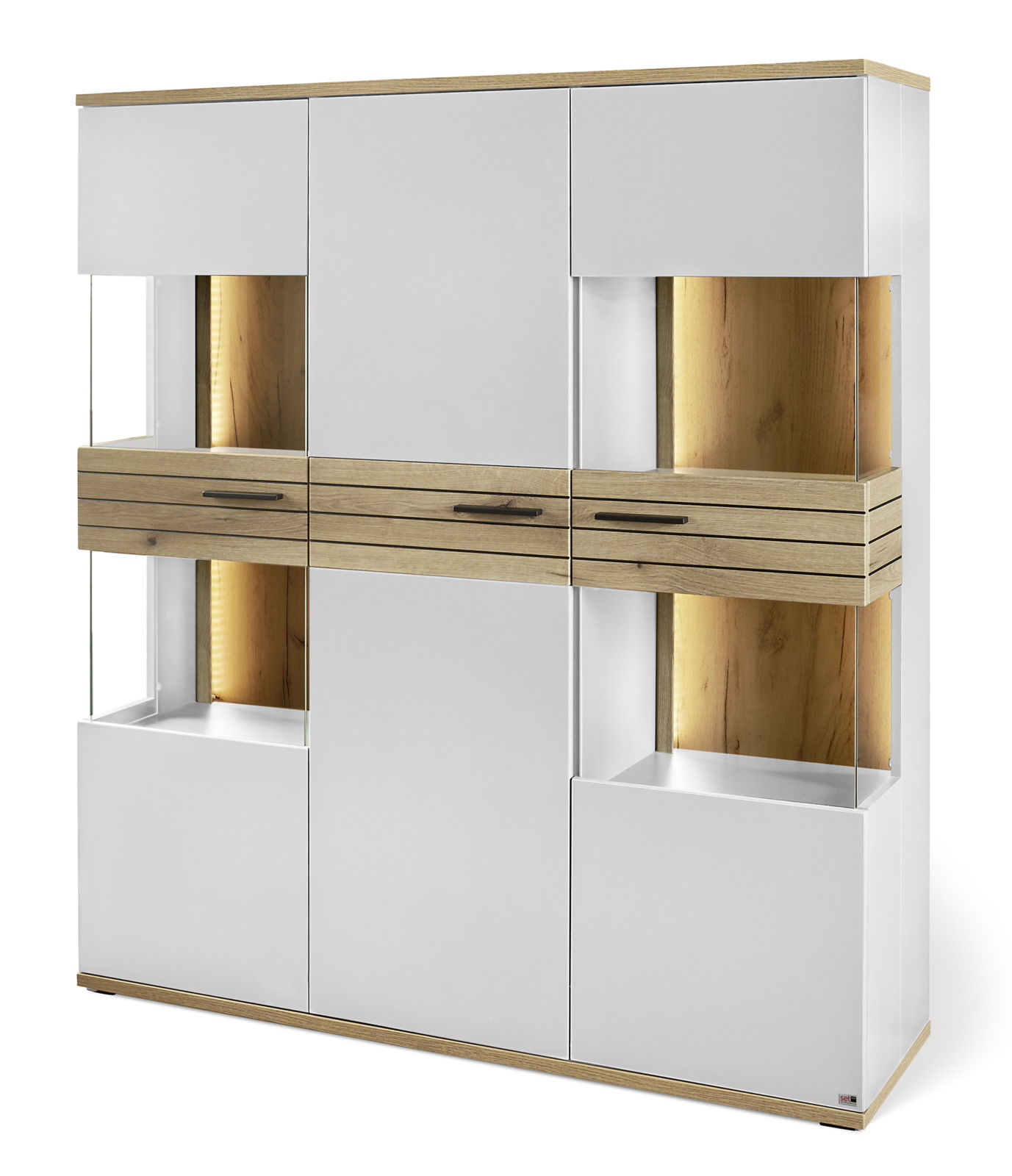 Modernes Highboard mit weißer Front und Holzakzenten, frontal betrachtet.