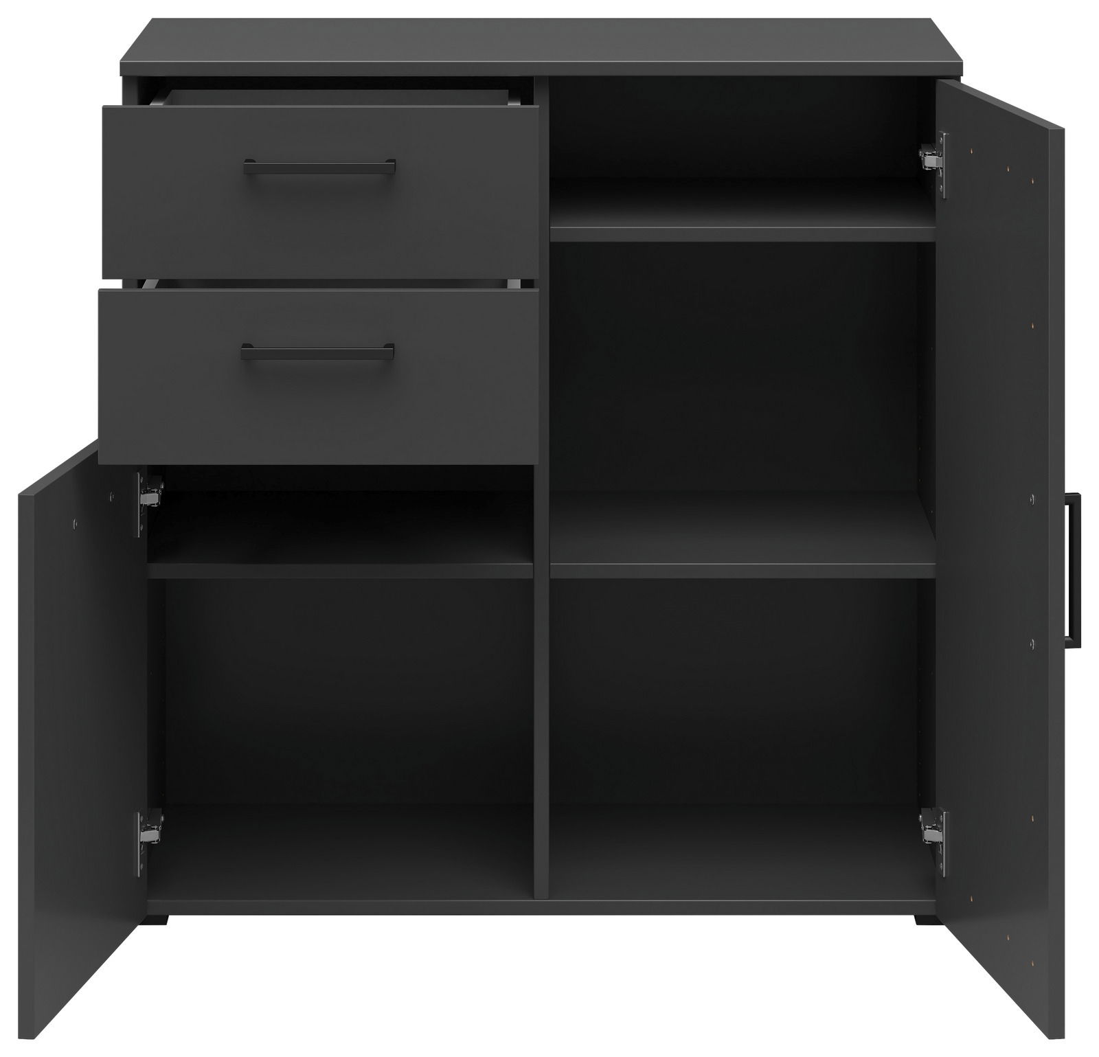 Schwarze Kommode mit zwei offenen Schubladen und vier offenen Fächern, frontal betrachtet.
