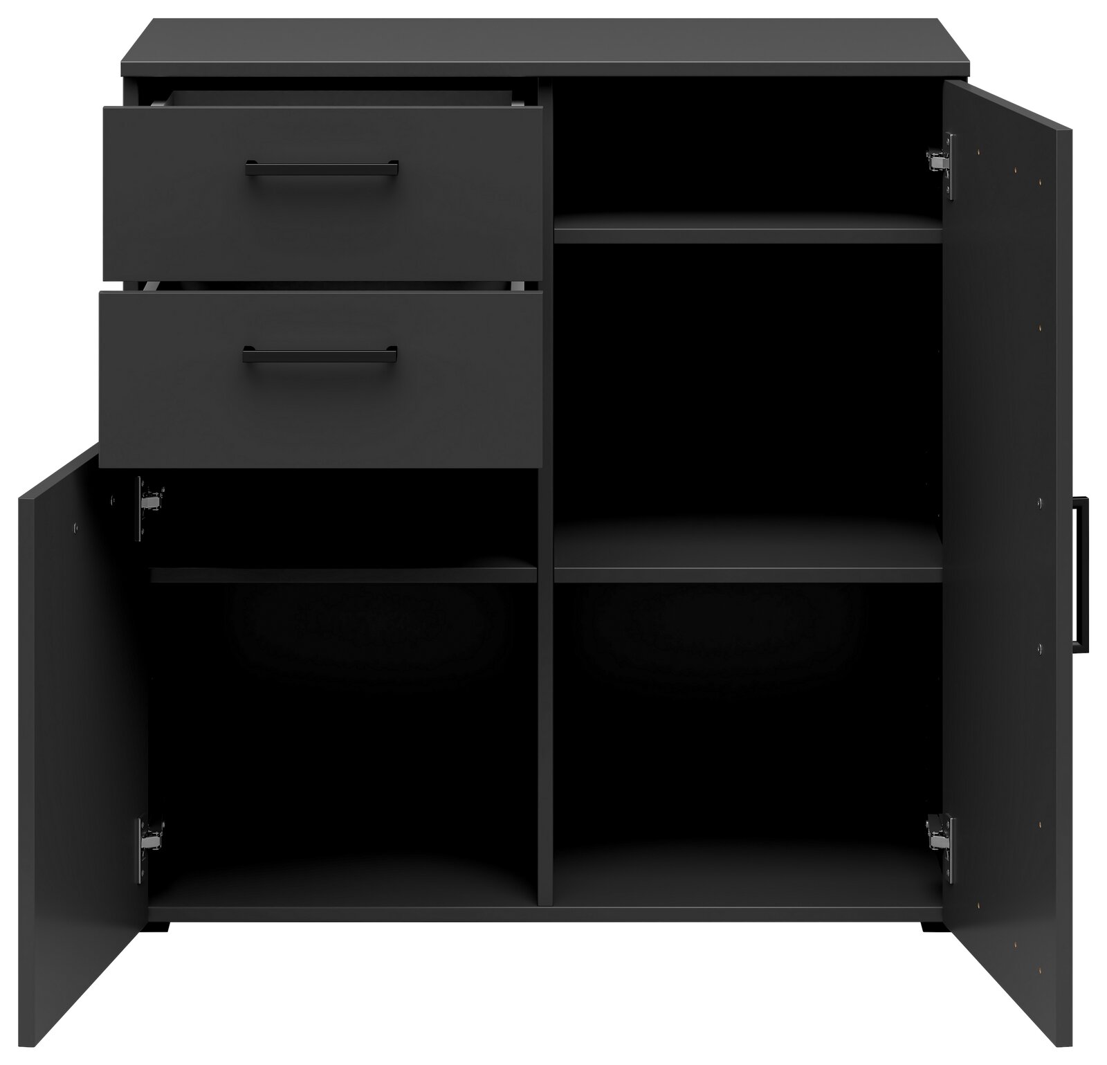 Schwarze Kommode mit zwei offenen Schubladen und vier offenen Fächern, frontal betrachtet.