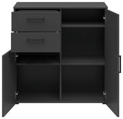 Schwarze Kommode mit zwei offenen Schubladen und vier offenen Fächern, frontal betrachtet.