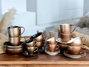 Bronzefarbenes Kaffee- und Geschirrset mit Tassen, Untertassen und Schalen auf Holztisch, schräg von vorne fotografiert, mit unscharfem Küchenhintergrund.