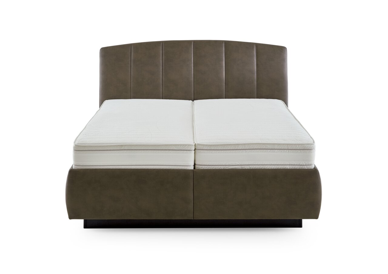 Frontale Ansicht eines Polsterbetts mit gepolstertem Kopfteil und zwei Matratzen.