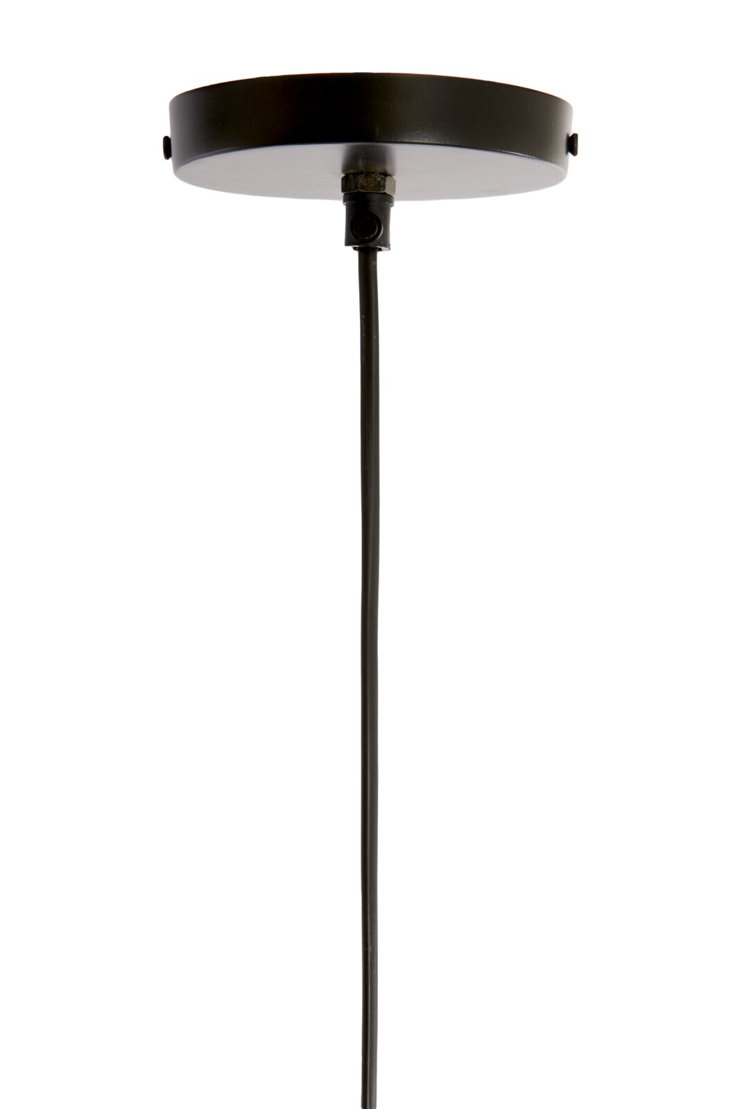 Ansicht von unten auf eine schwarze Hängeleuchte mit rundem Baldachin und Kabel.