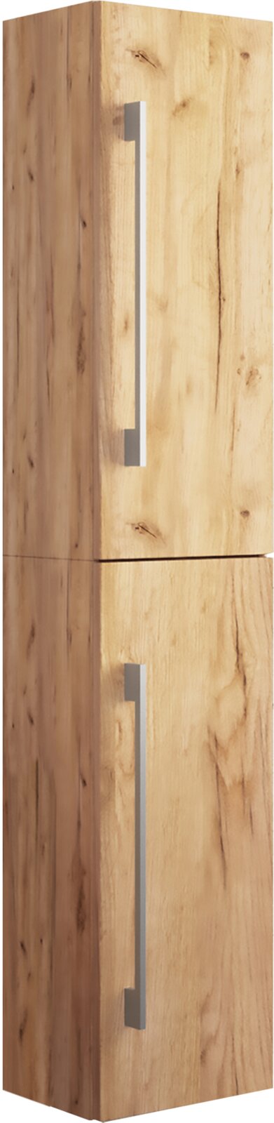Zweiteiliger Holzschrank in heller Eiche-Optik mit zwei langen, silberfarbenen Stangengriffen, fotografiert in schräger Frontansicht