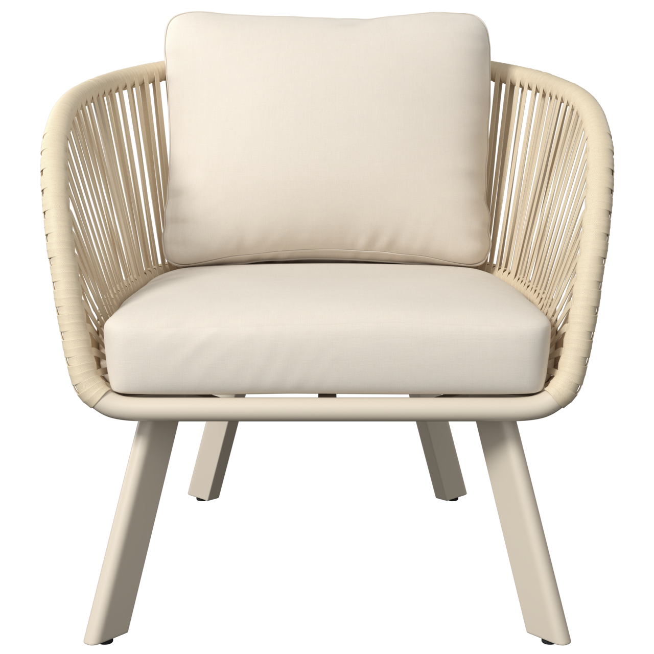 Frontansicht eines beigen Loungesessels mit Kissen und geflochtenen Armlehnen.