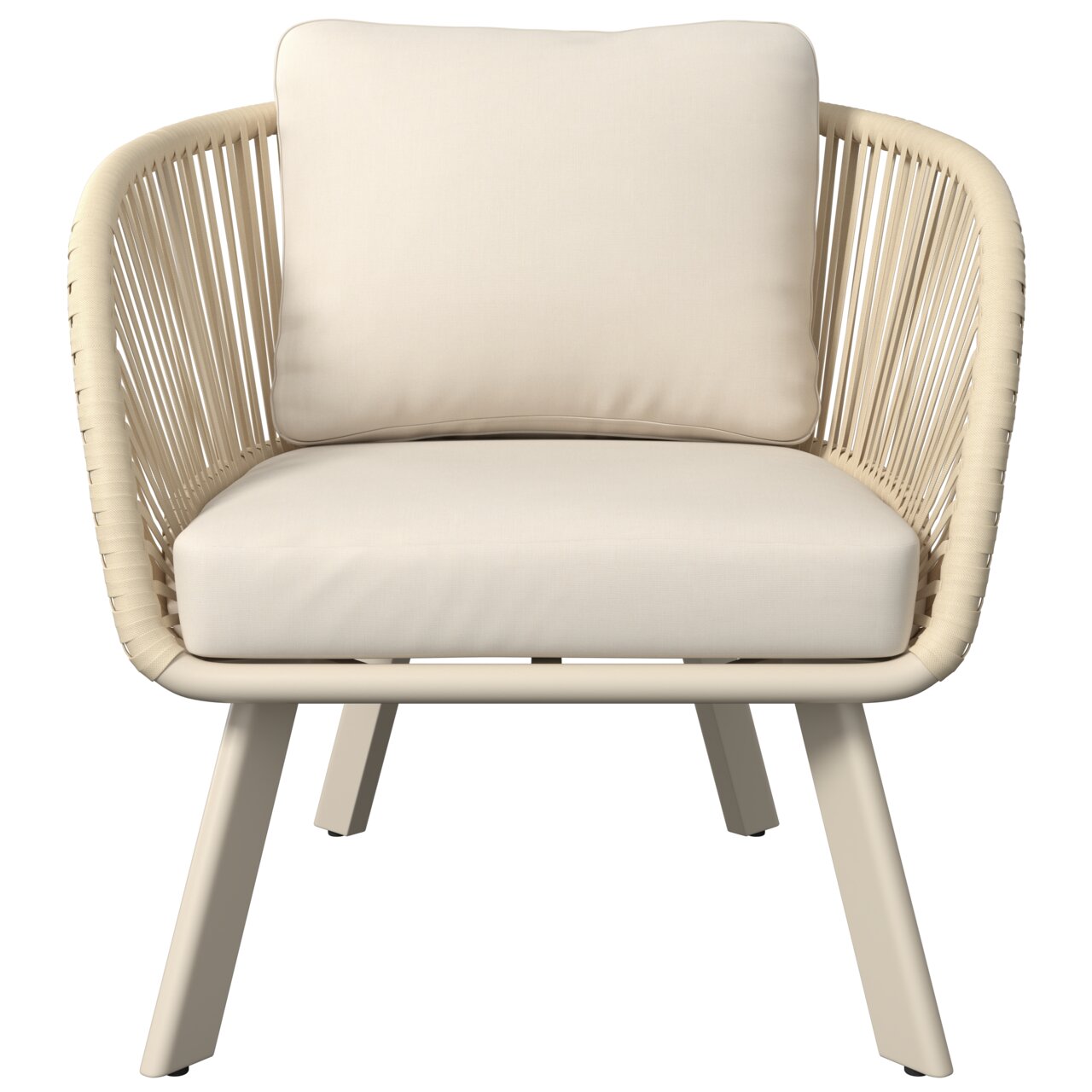 Vooraanzicht van een beige loungestoel met kussens en gevlochten armleuningen.