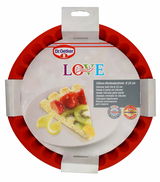 Rote Silikon-Obstkuchenform von Dr. Oetker, 28 cm Durchmesser, von oben fotografiert.