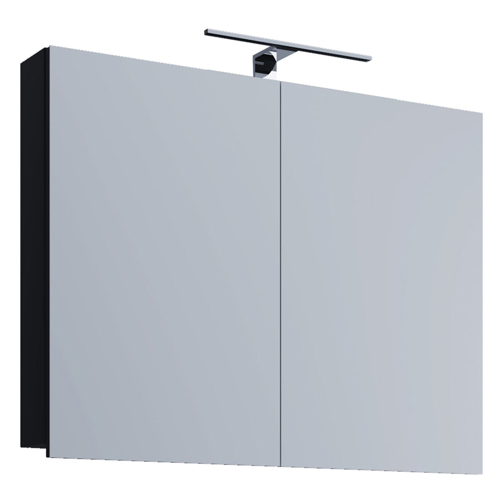 VCM LED-Spiegelschrank BADINOS Moderner Badezimmerspiegelschrank mit zwei Spiegeltüren und integrierter LED-Aufsatzleuchte, Frontansicht leicht schräg von links